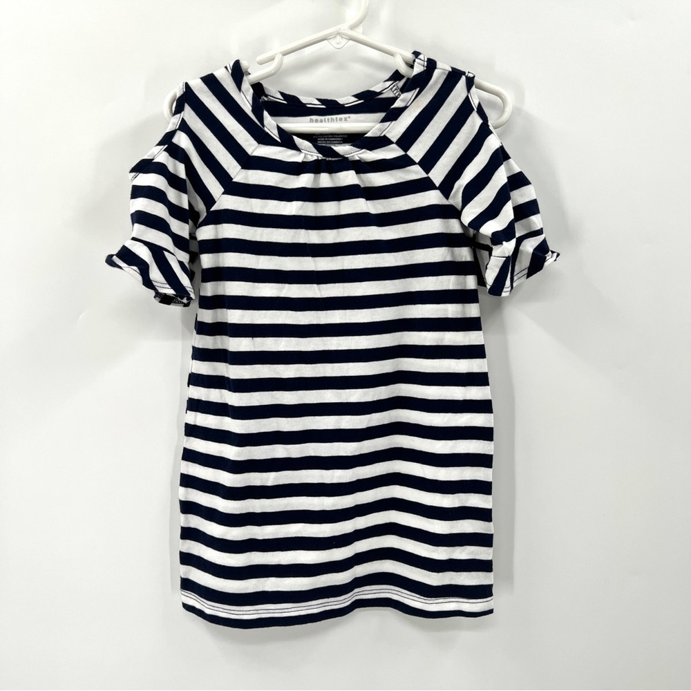 HEALTHTEX Girl's White & Navy Blue Stripe Cold Shoulder Tunic Top Size 3T